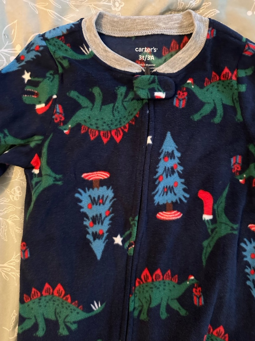 Carter's Navy Fleece Dinosaur Holiday Sleeper with Green & Red Accents